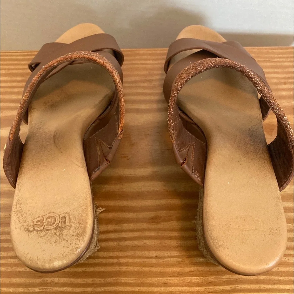 UGG Womens 8 Brown Leather Woven Espadrille Platform Wedge Sandals Earthy Beach